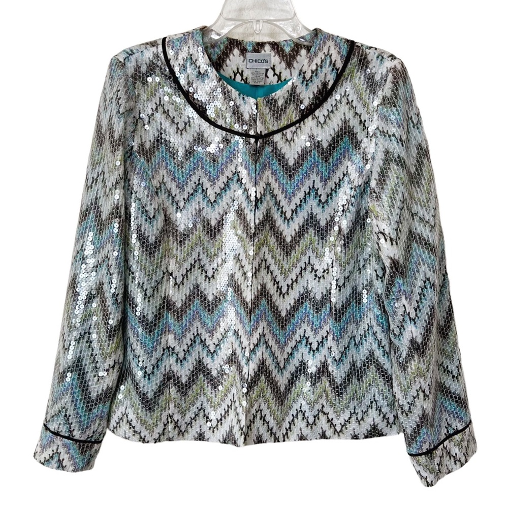 Chicos Sequin Chevron Blazer M Womens Shimmery Zig Zag Pattern Collarless